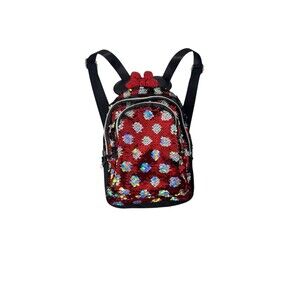 Disney Parks Minnie Mouse Reversible Sequined Mini Backpack RED/BLACK Silver Dot